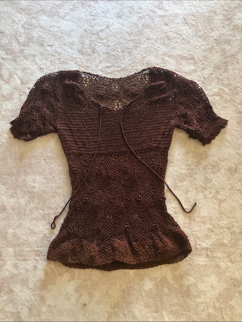 Women's Crochet Knit Short Sleeve Top in Brown